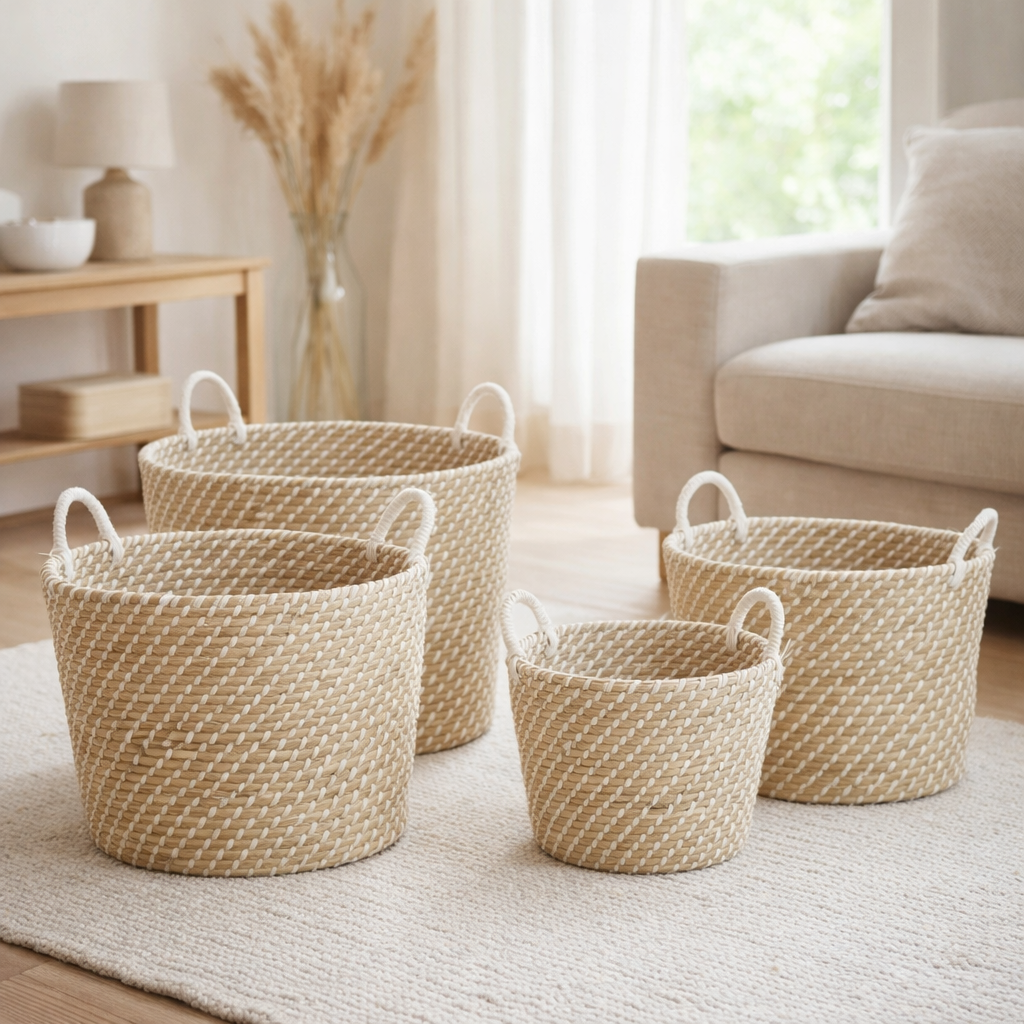 J-Line Lot de 4 Paniers Anses Rondes Paille Naturel/Blanc en situation