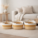 J-Line Lot de 3 Paniers Bobines Rectangle Rayures + Poignées Textile Blanc/Orange en situation