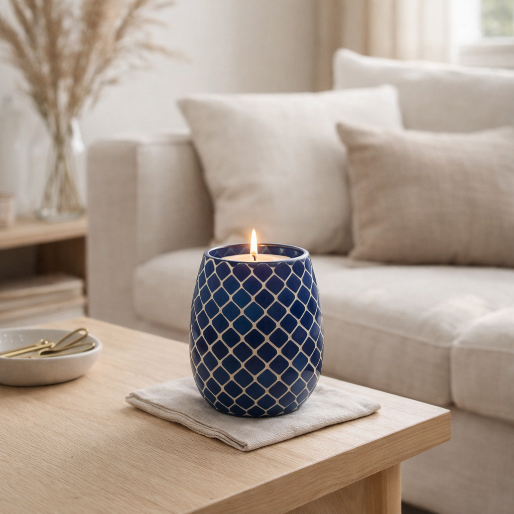 Bougie parfumée J-Line Mia Mosaic - Juniper Love - verre - bleu - S - 90U en situation