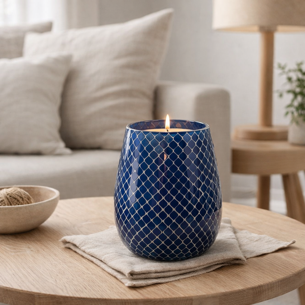 Bougie parfumée J-Line Mia Mosaic - Juniper Love - verre - bleu - M - 120U en situation