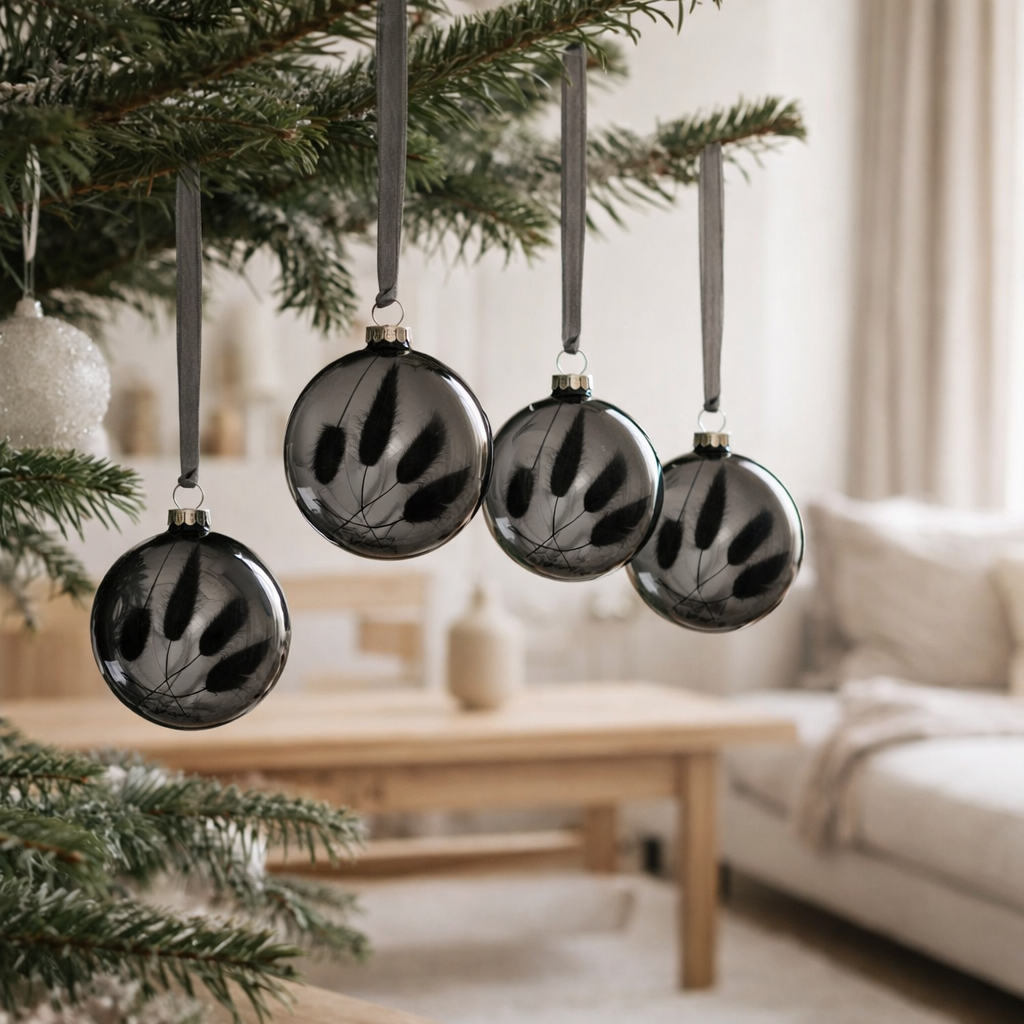 Boule de Noël J-Line Queue de lièvre séchée - verre - noir - M - boîte de 4 en situation