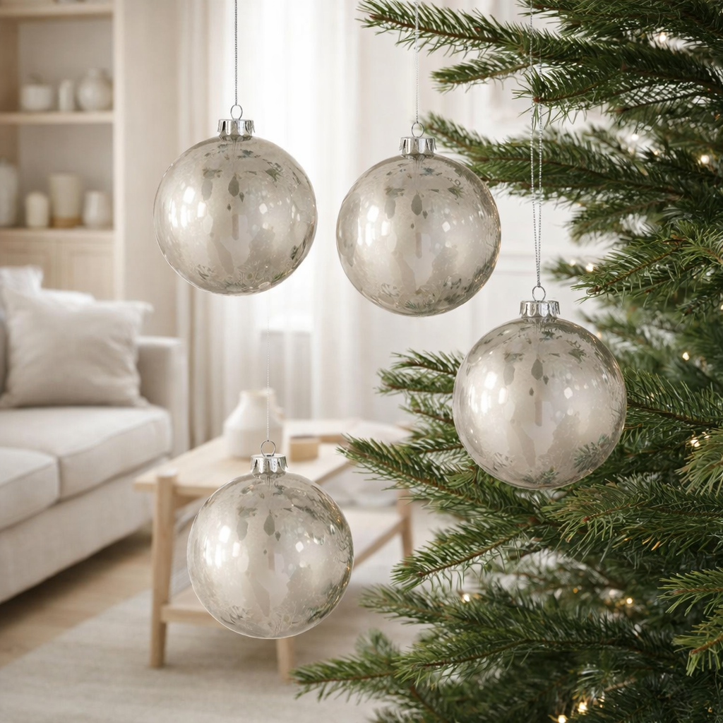 Boule de Noël J-Line - verre brillant/mat - argent antique - L - boîte de 5 en situation