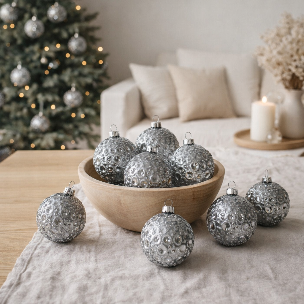 J-Line Boite de 8 Boules de Noël Rondes Motif Verre Gris Antique Petit 8cm en situation