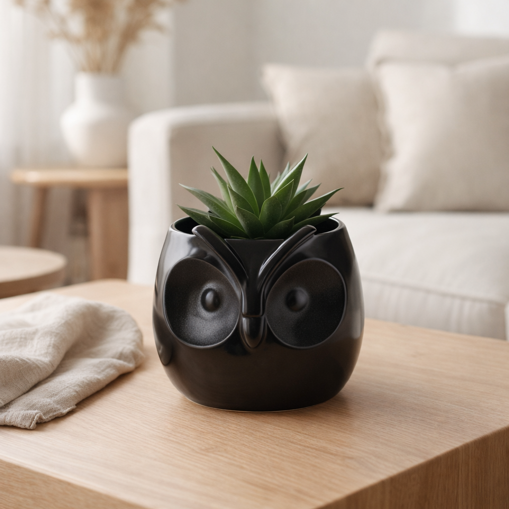 J-Line Pot de Fleurs Hibou Porcelaine Noire Grand en situation