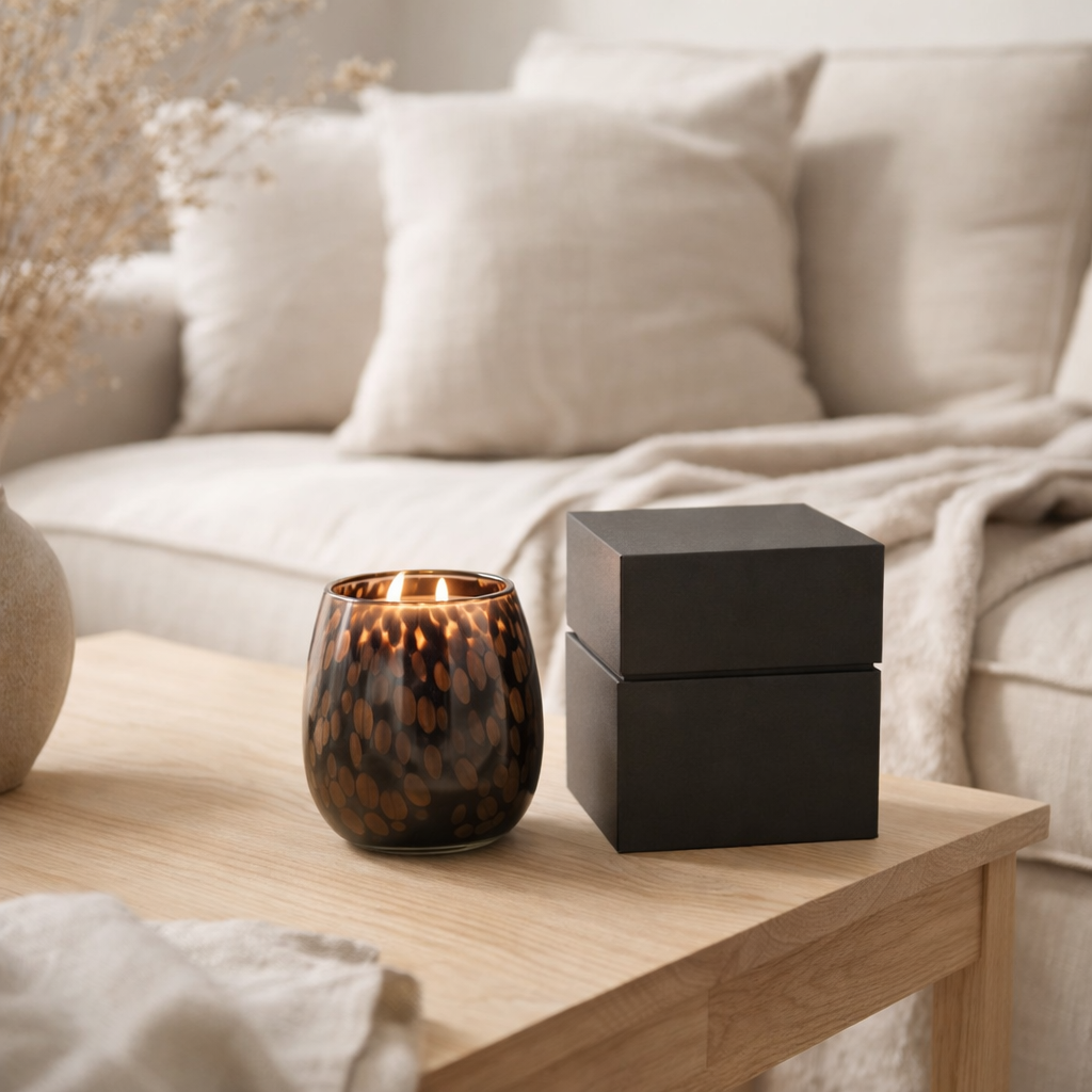Bougie parfumée J-Line Mia - Cuir & Feuilles - verre - noir/mélange - S - 90U en situation