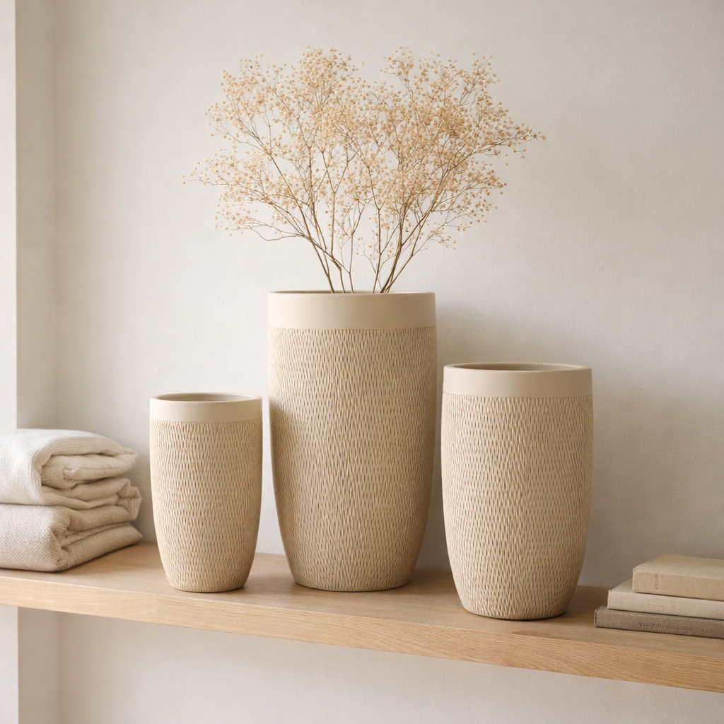 J -line Vase Round Hoog Clay - Ceramics - Beige - 3 pièces - Ø 38 cm en situation