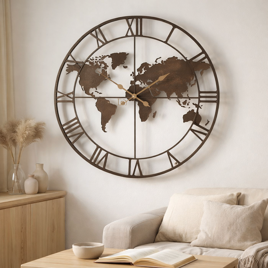J -line Klok World Map Holes - Metal - Dark Brown - Large - Ø 90 cm en situation