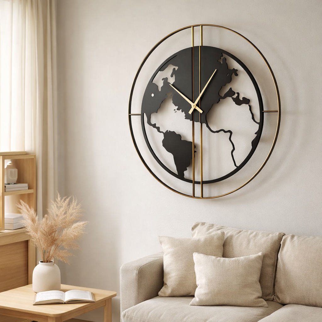 J -line Klok World Map Holes - Metal - Black / Gold - Large - Ø 90 cm en situation