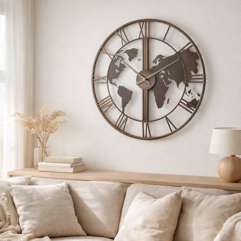 J-Clow Horloge Map World Map - Metal - Dark Brown - Small - Ø 60 cm en situation