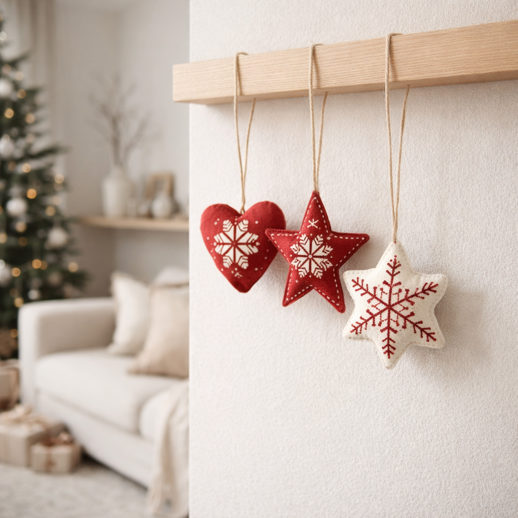 J-Line Pendentif de Noël Coeur/Étoile/Flocon de neige - textile - rouge/blanc - 3 pièces en situation