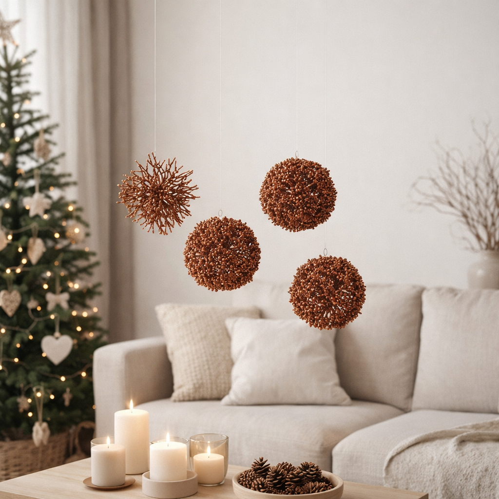 Boule déco J-Line Ronde/Corail - plastique - rouille - boîte de 4 en situation