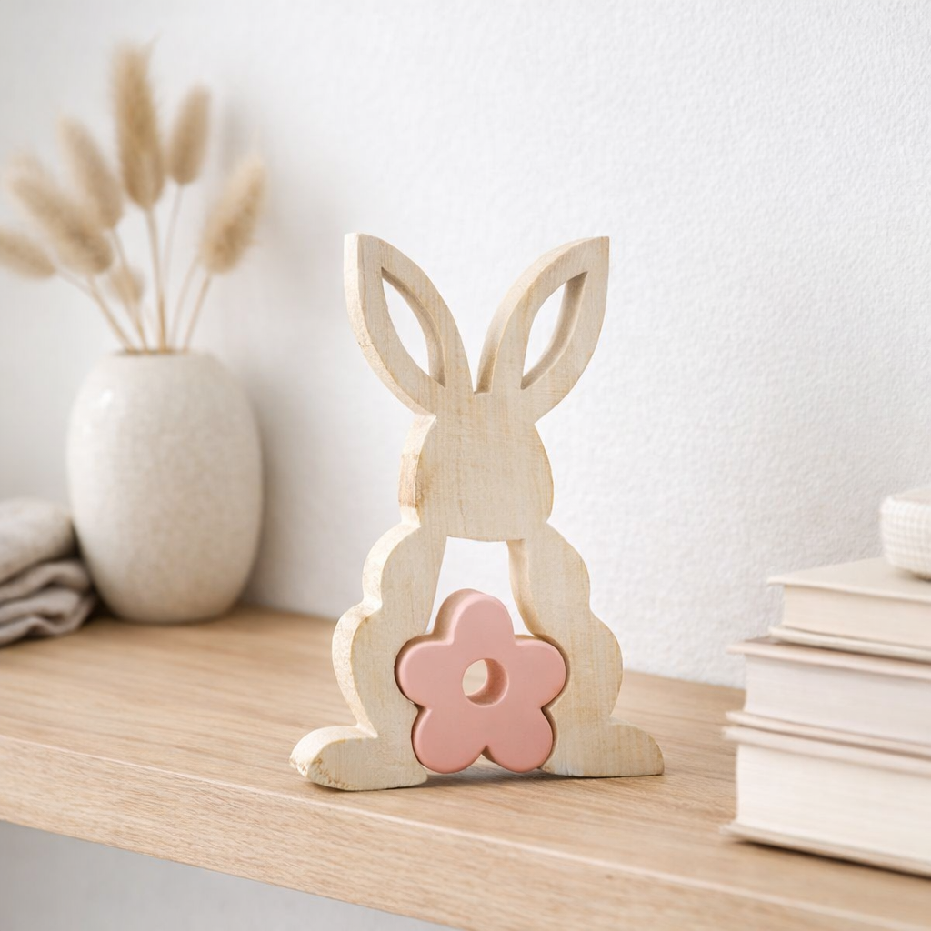 J-Line Decoration Fleur de lapin - Bois - Pink - Grand - Décoration de Pâques en situation