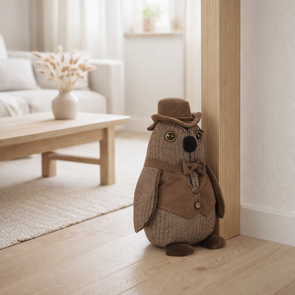 Arrêt de porte J-Line Hibou + Chapeau - polyrésine - marron en situation
