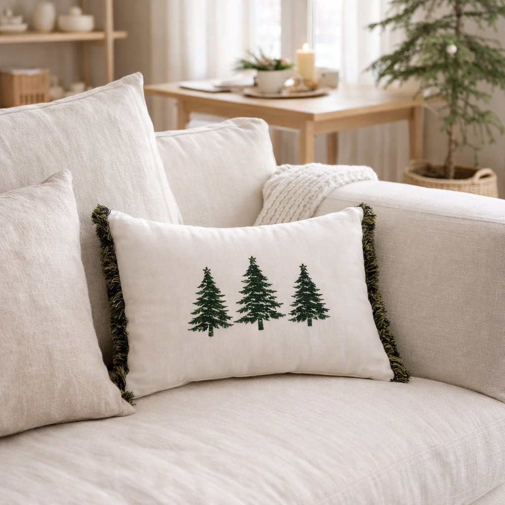 J-Line coussin sapins de Noël - coton - blanc/vert foncé en situation