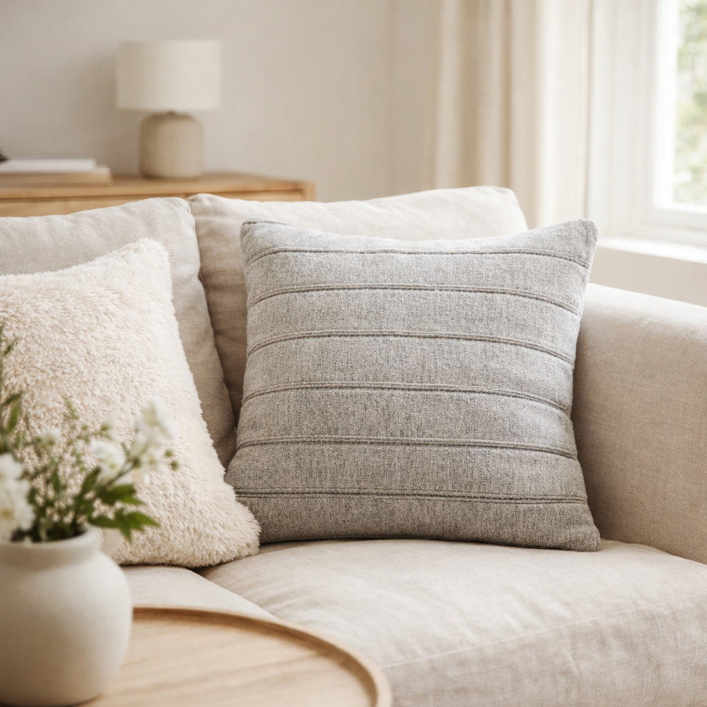 J-Line Coussin Rayures Coutures Coton/Polyester Gris en situation