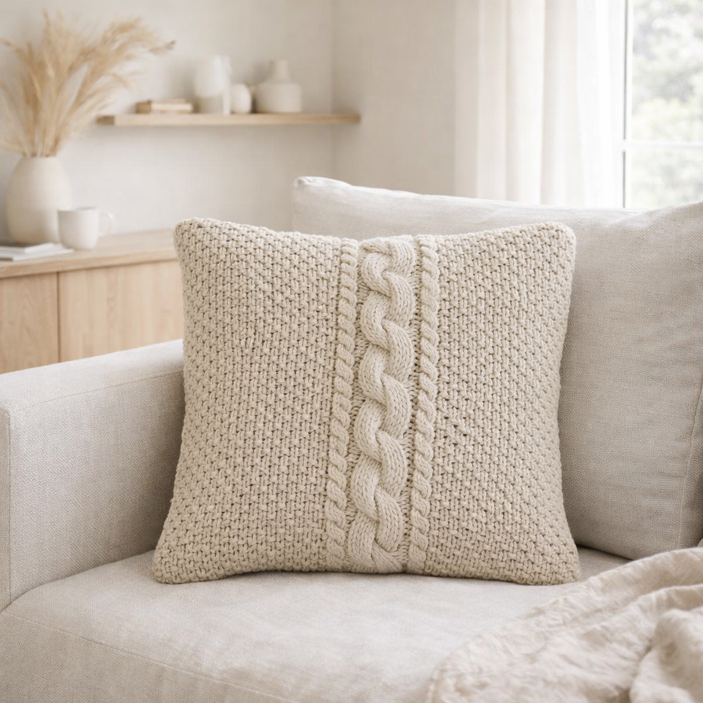 J-Line Coussin Tricot+Tresse Coton Lavé Beige en situation