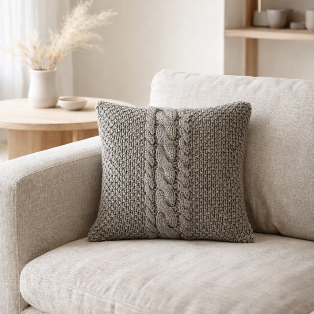 J-Line Coussin Tricot+Tresse Coton Lavé Gris en situation