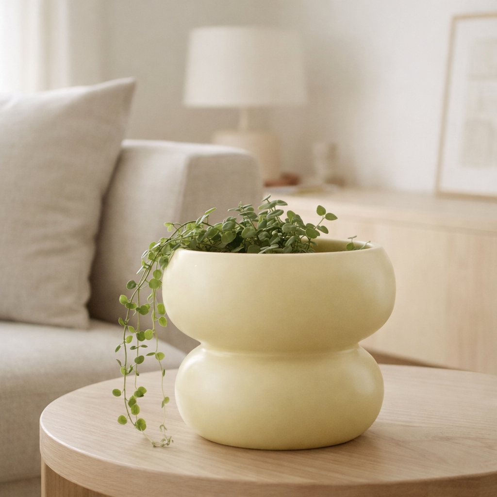 J -line Flowerpot Circle - Porcelaine - jaune clair - Ø 19,5 cm en situation