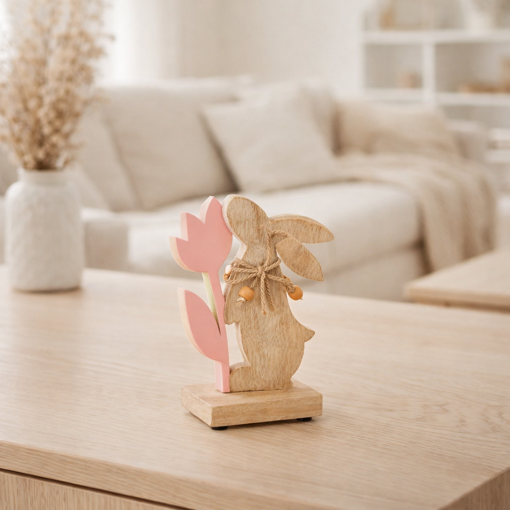 J-Line décoration Lapin Avec Fleur - bois - rose - petit en situation