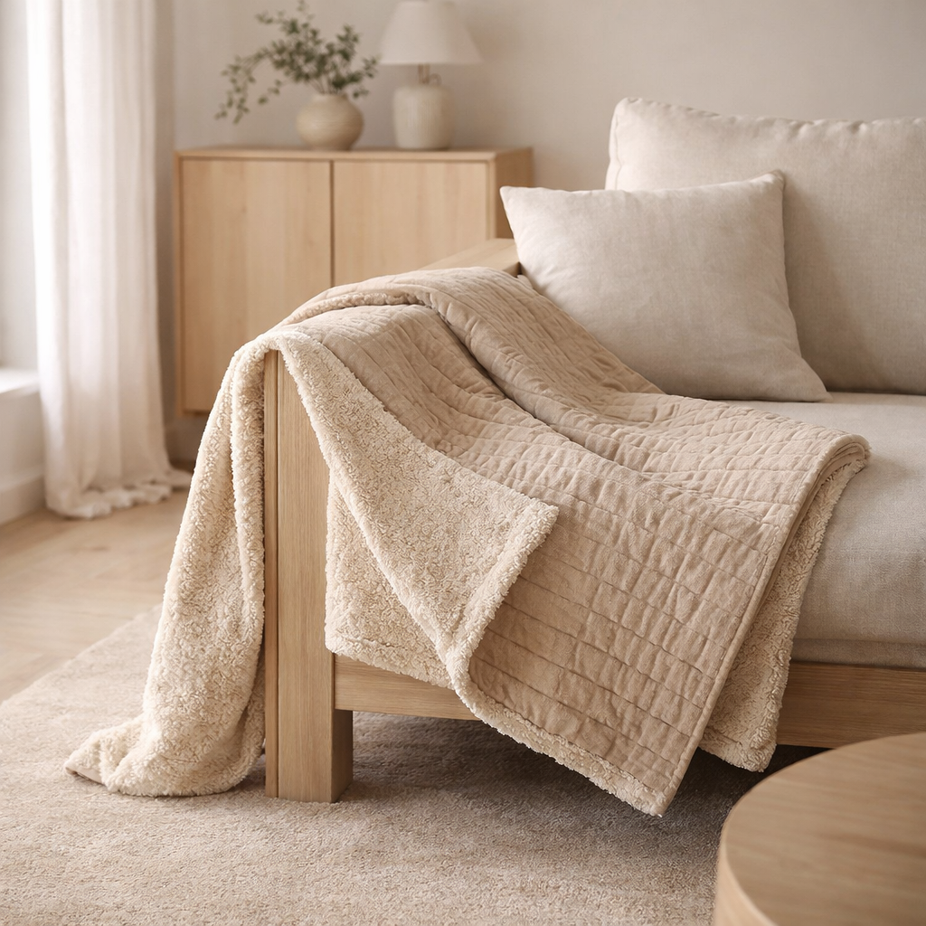 J-Line Plaid Teddy Rayures Coutures Coton/Polyester Beige en situation