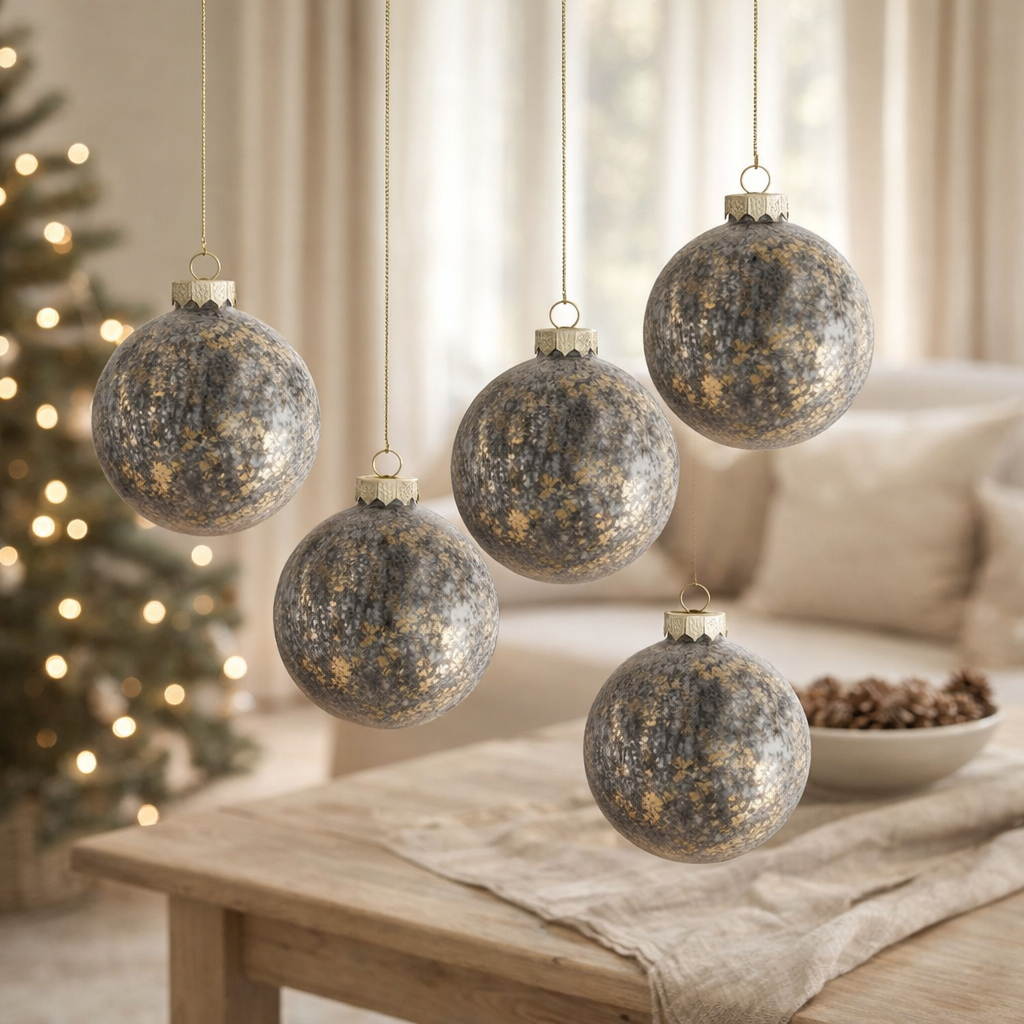 Boule de Noël J-Line - velours/verre - gris antique/or - M - boîte de 5 en situation