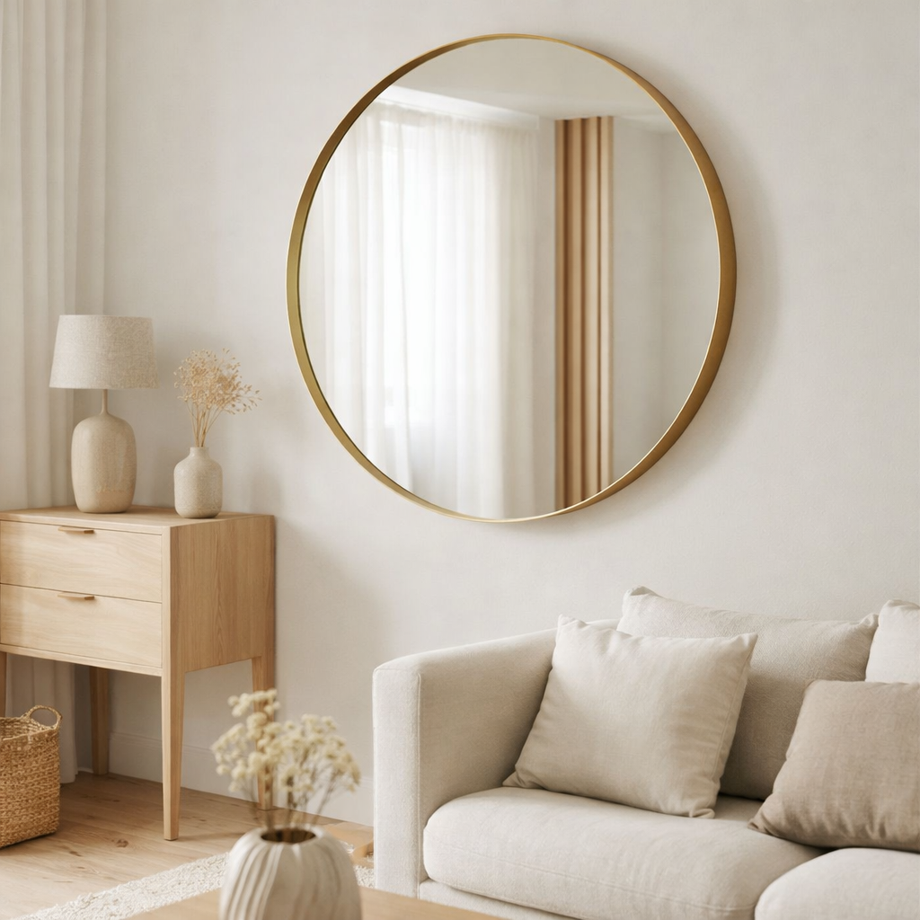 J -line Spiegel Round Edge - Metal / Glass - Gold - Grand - Ø 110 cm en situation
