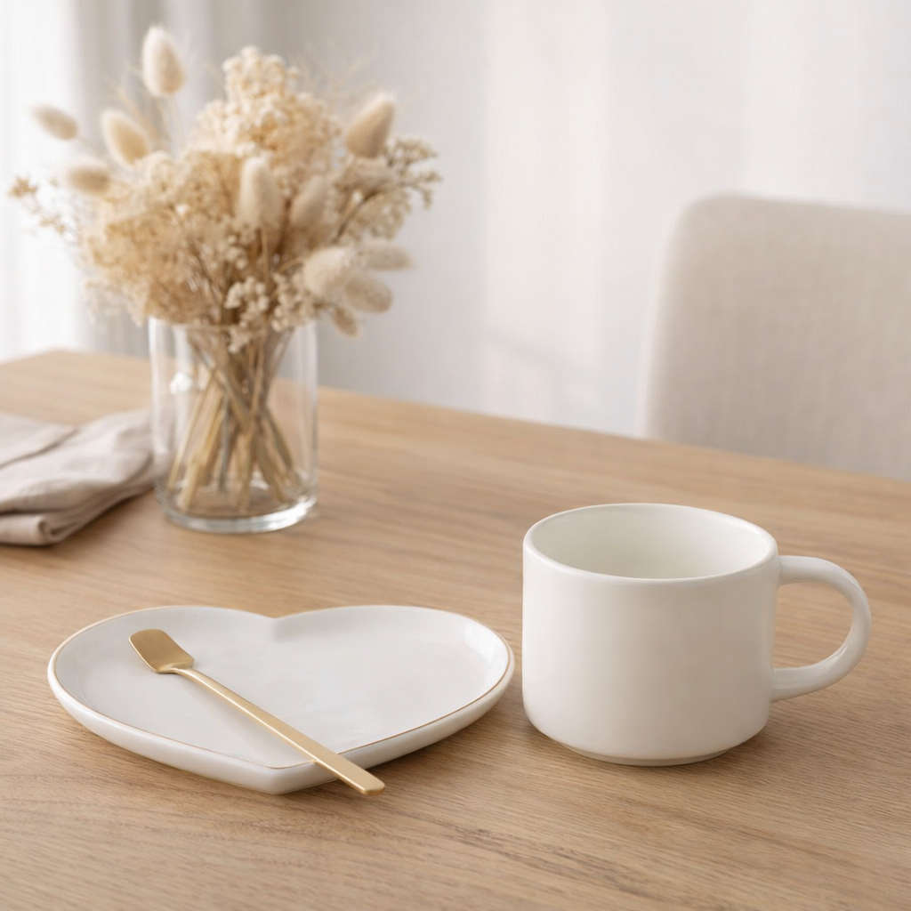 J-Line tasse + soucoupe + cuillère Hart Frans - porcelaine - blanc - 6 pièces en situation