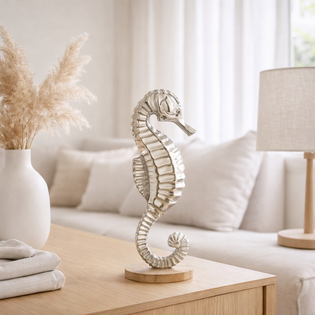 Décoration J-Line hippocampe sur pied - aluminium - argent - grand en situation