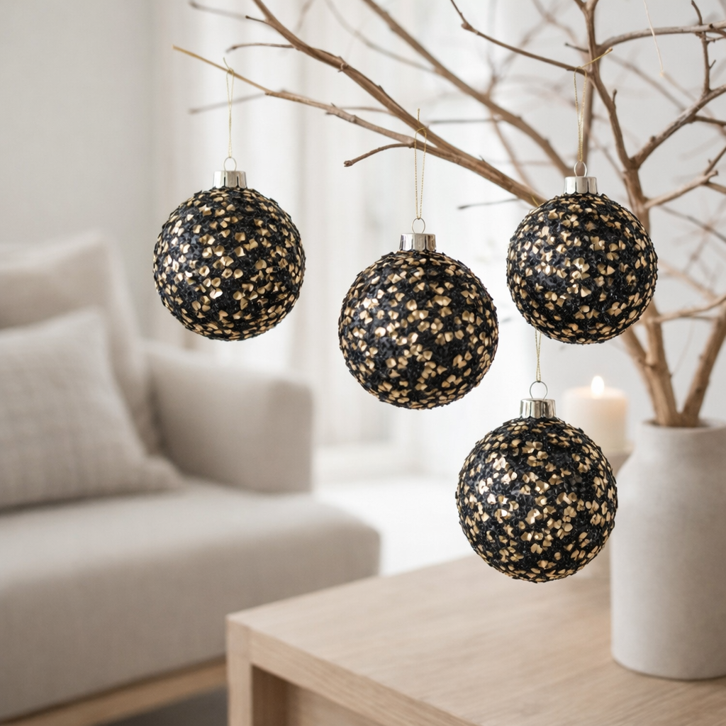 J-Line Boite de 4 Boules de Noël Paillettes Paillettes Verre Noir Doré Medium en situation