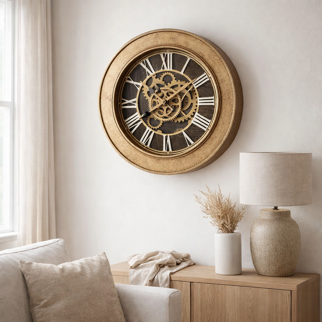 J -line Klok à l'intérieur - Wood - Gold - Ø 50 cm en situation