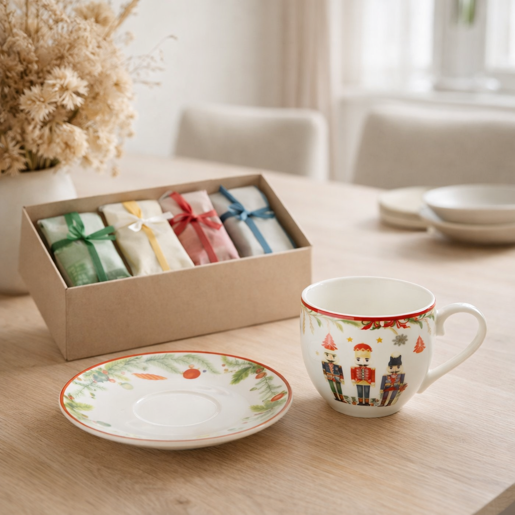 J-Line Coffret 4 Sachets de Thé + Assiette Casse-Noisette Céramique Blanc en situation
