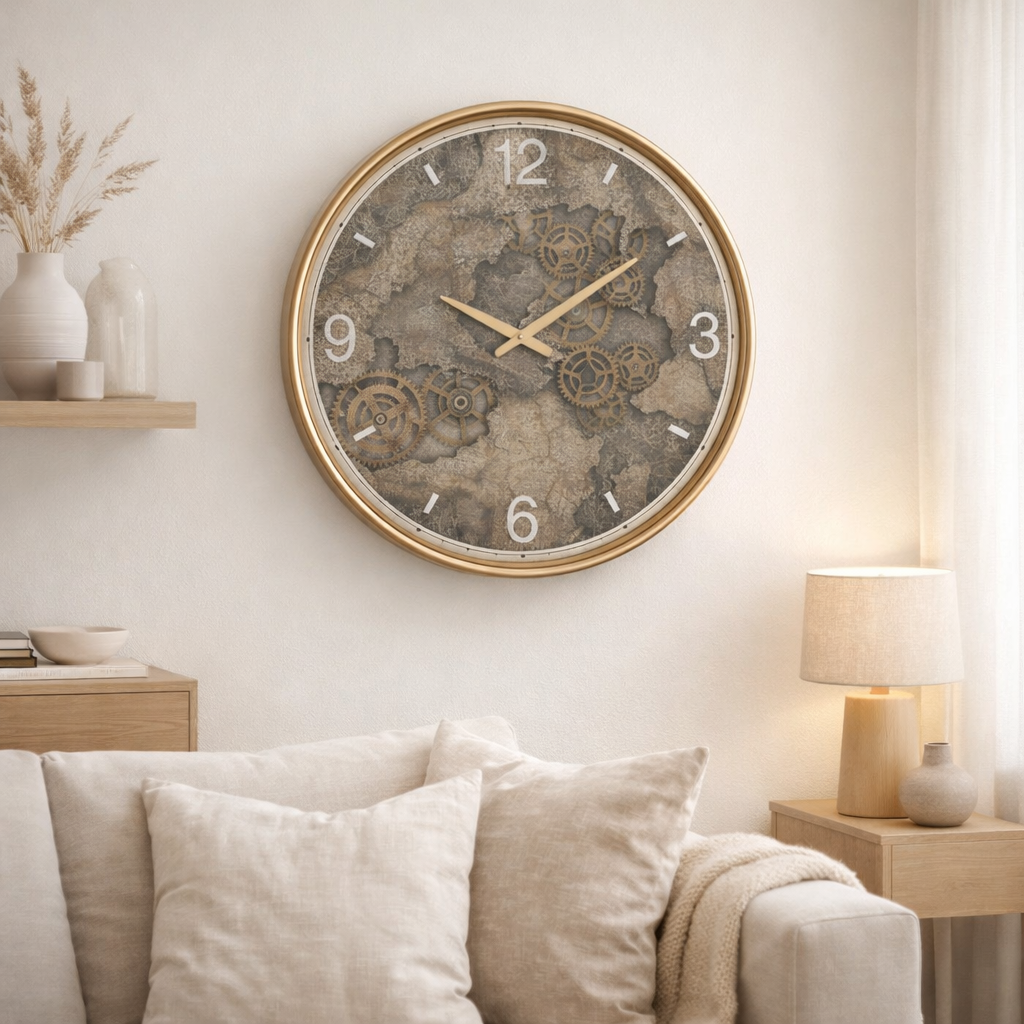 J -line Klok Card Europe - Wood - Gold - Large - Ø 60 cm en situation