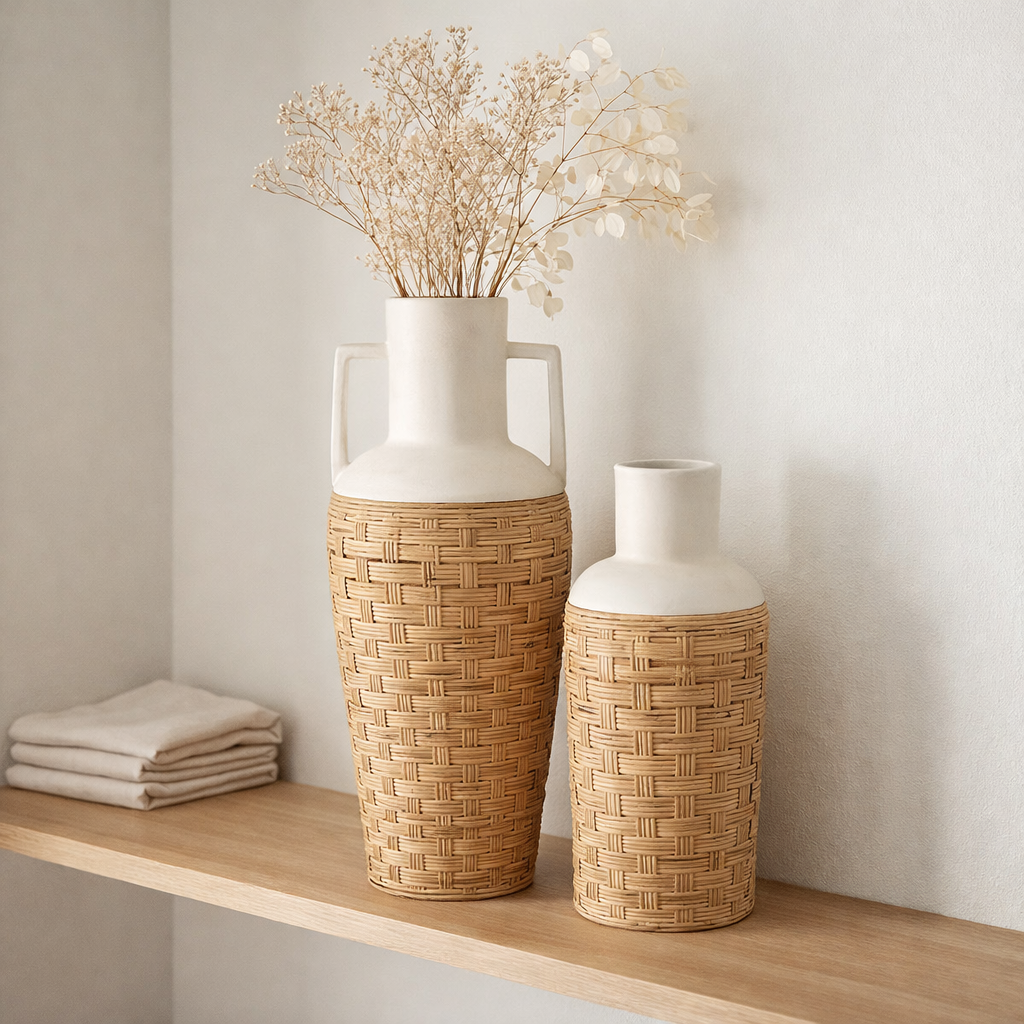 J-Line Vase+Poignées Tissé Terre Cuite/Rotan Blanc/Naturel en situation