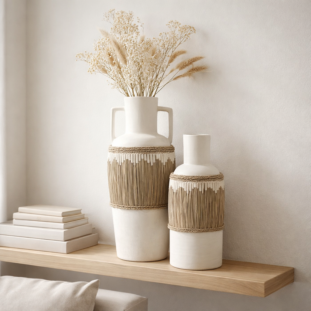 J-Line Vase+Poignées Motif Terre Cuite/Herbe Blanc/Naturel en situation