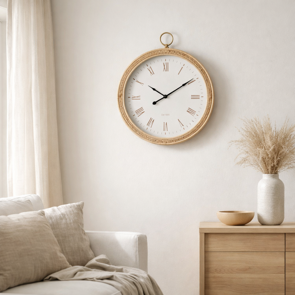 J-Line klok Kyr - rotan - naturel/esprit - petit - Ø 48 cm en situation