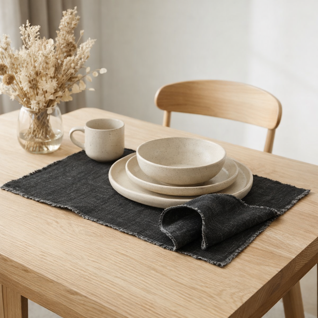 Set de Table J-Line Rectangulaire + Bords Effilochés Lin/Coton Noir en situation