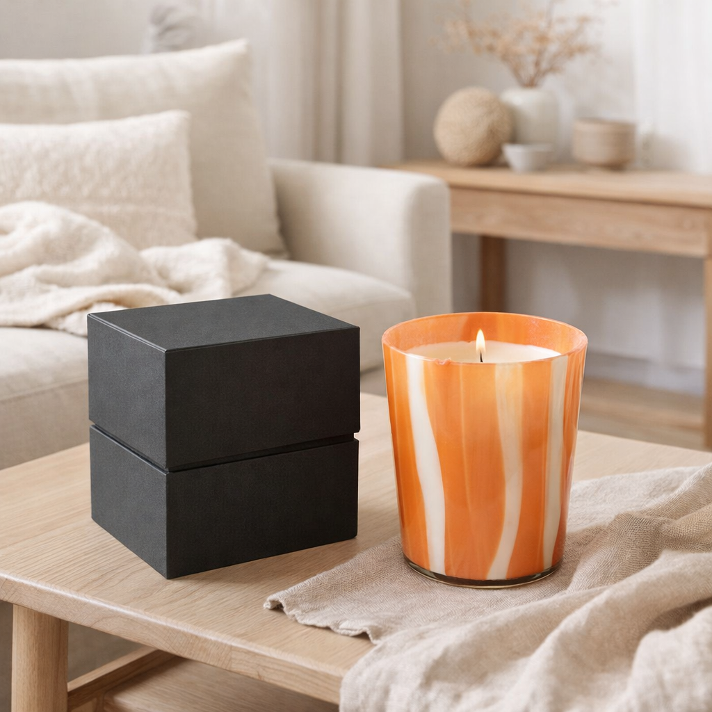 Bougie parfumée J-Line Noa Strepen - Stone & Rock - verre - orange - M - 68U en situation