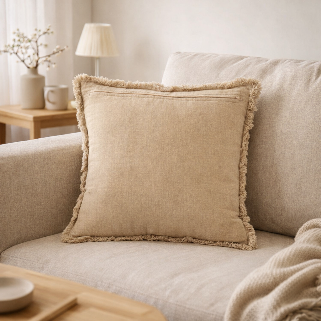 Coussin J-Line Bords Effilochés Coton/Polyester Beige en situation