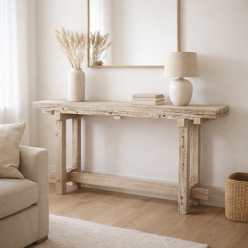 J-Line Console Brut Bois Recyclé White Wash en situation