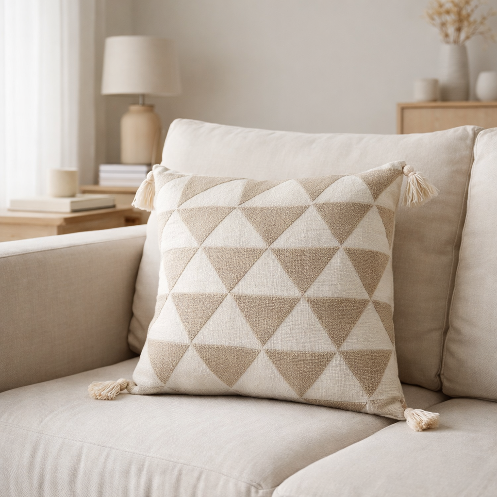 J-Line coussin Triangles + Pompons - coton - naturel/blanc en situation
