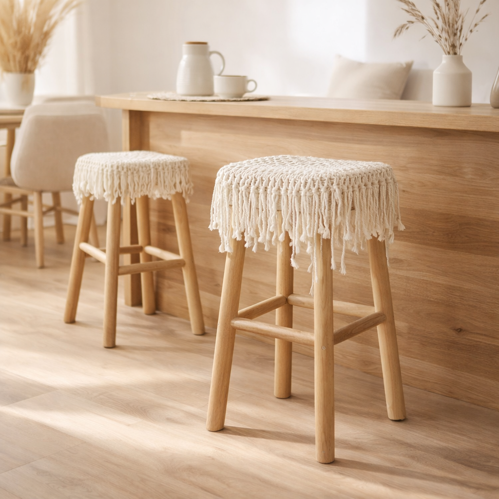 J-Line Chaise de Bar Franges Bois/Macramé Blanc en situation