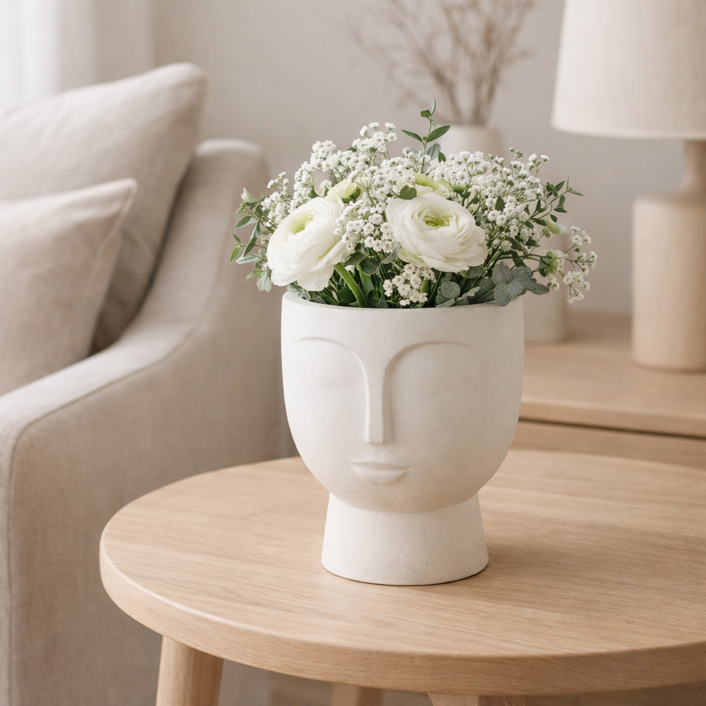 J -line Flowerpot Face - Ciment - White - Small - Ø 14,5 cm en situation