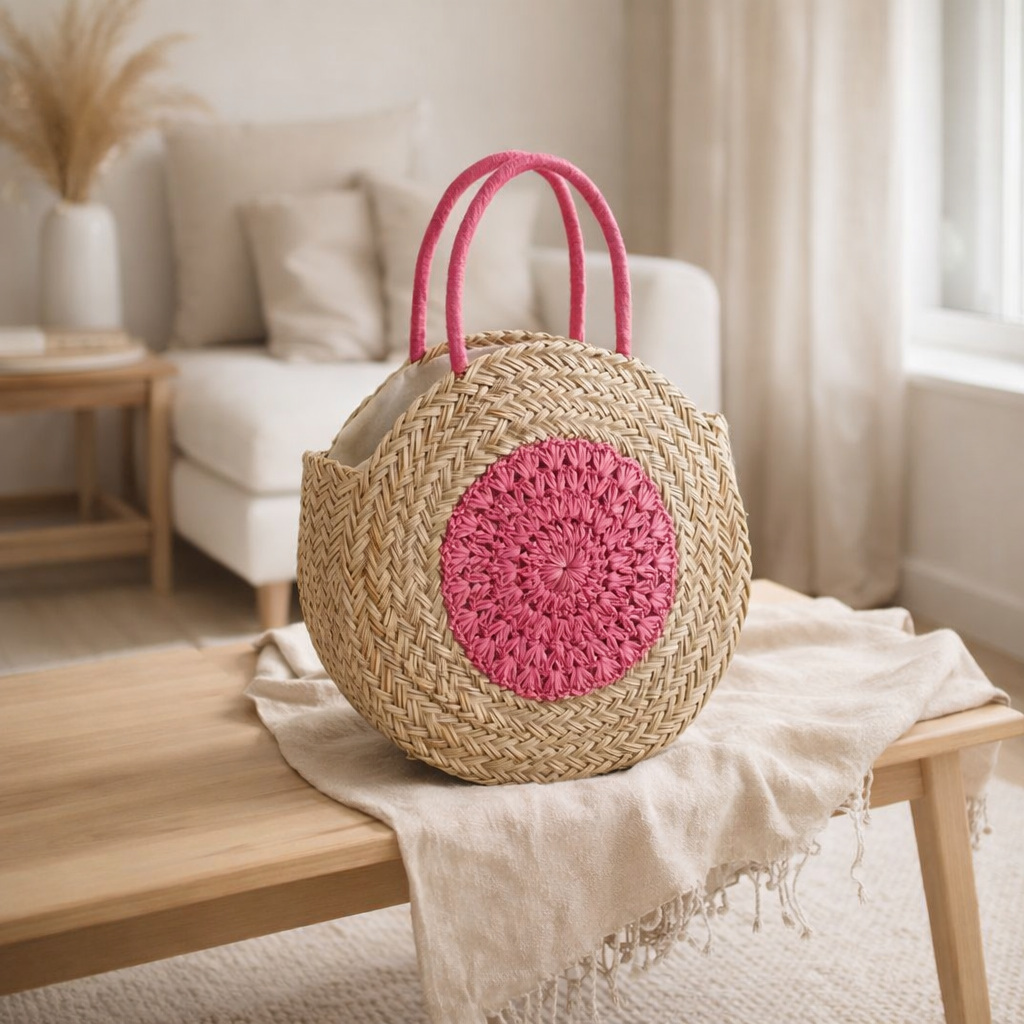 J-Line Sac de Plage Rond Fleur Jonc de Mer Humide/Fushia en situation