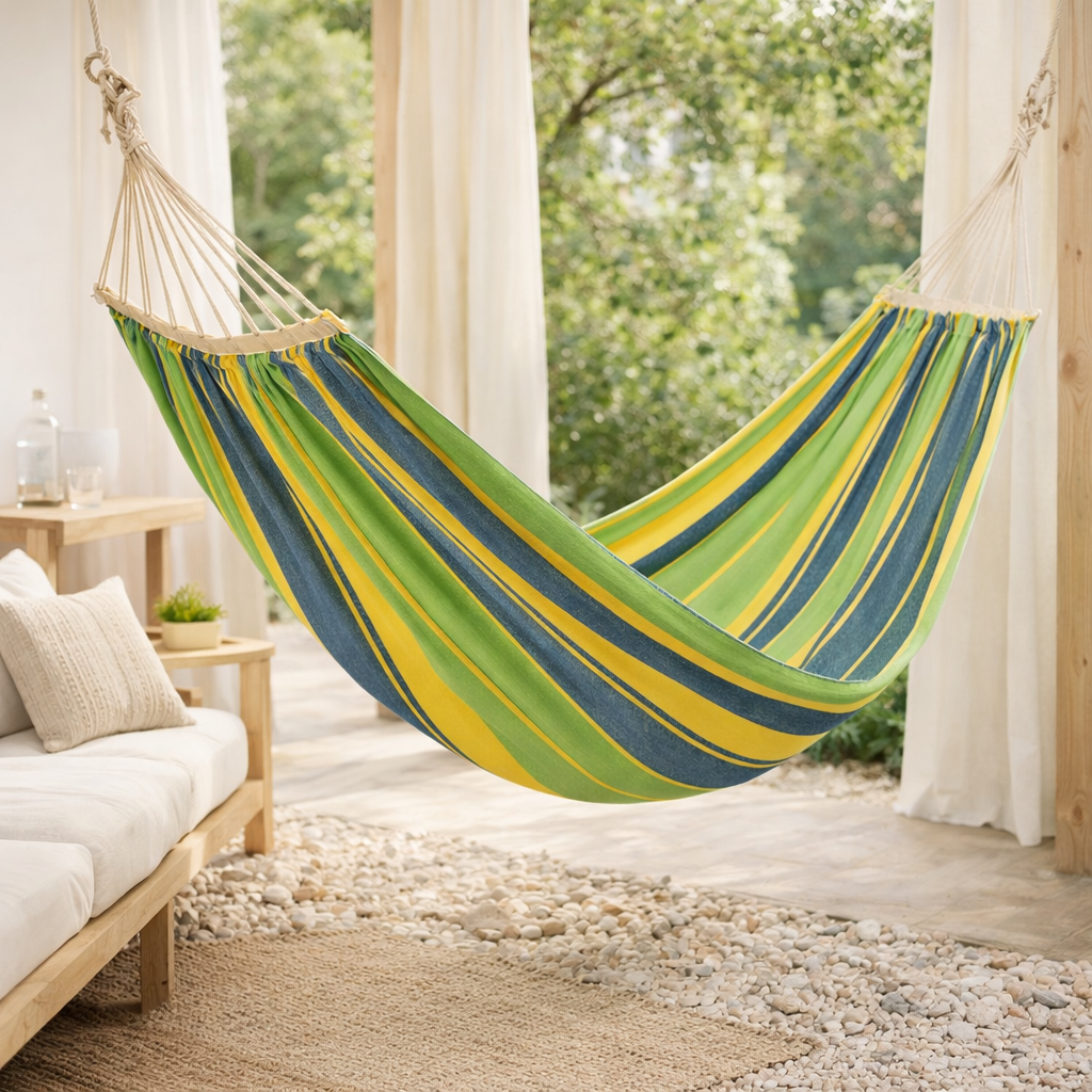 J-Line Hamac Rayures Coton/Polyester Vert/Jaune/Bleu en situation