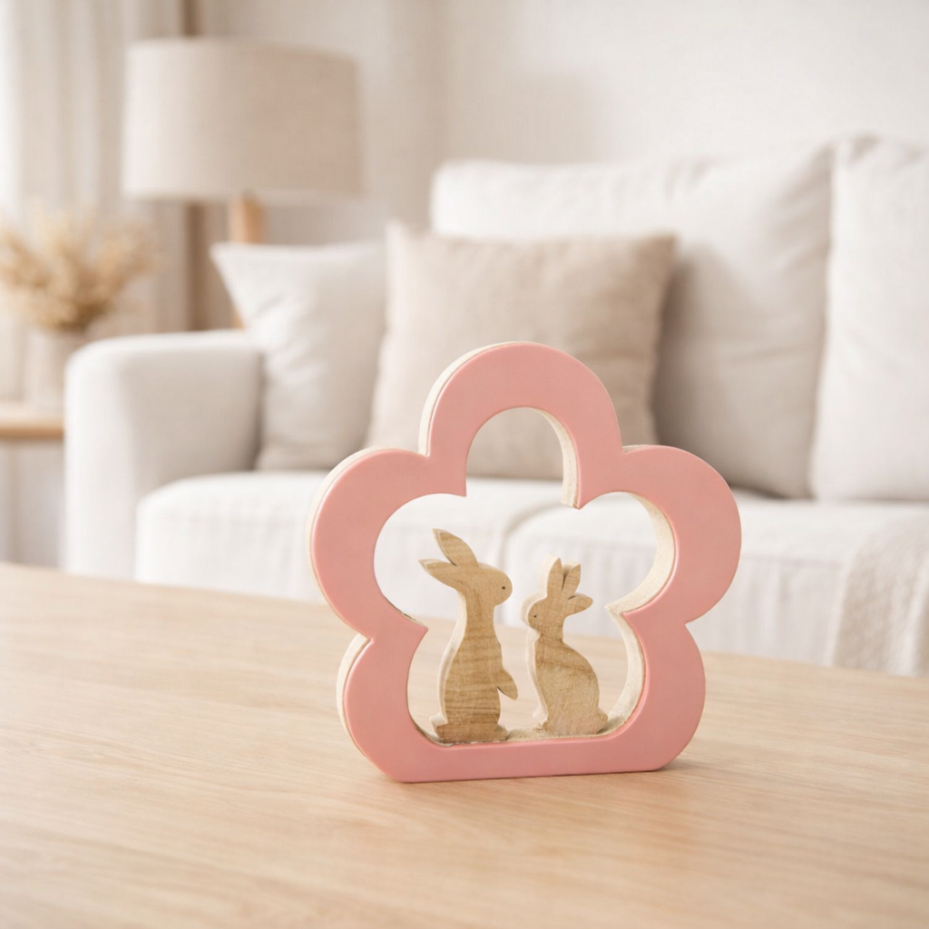 Fleur de décoration J -line avec lapin - bois - rose - décoration de Pâques en situation