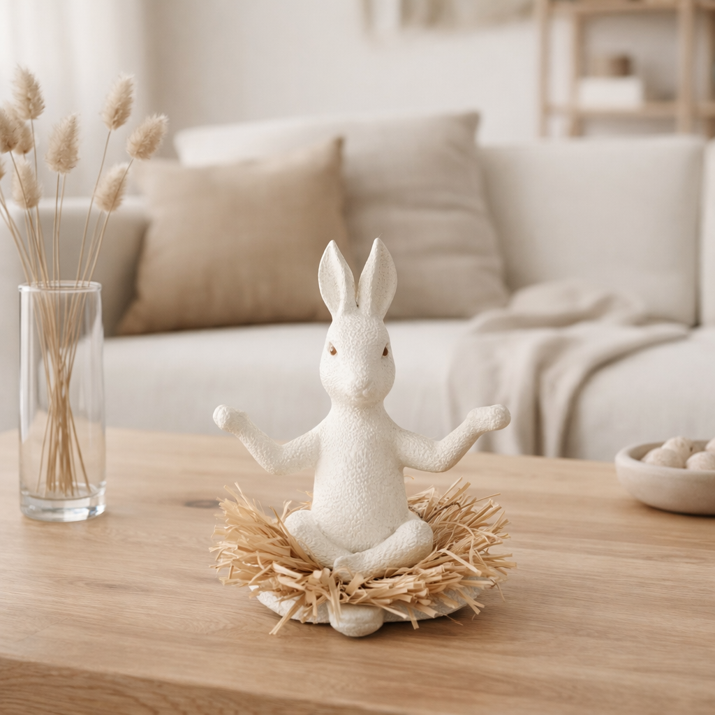 J -Line Figure Rabbit Assis Yoga - Stone - Blanc - Décoration de Pâques en situation