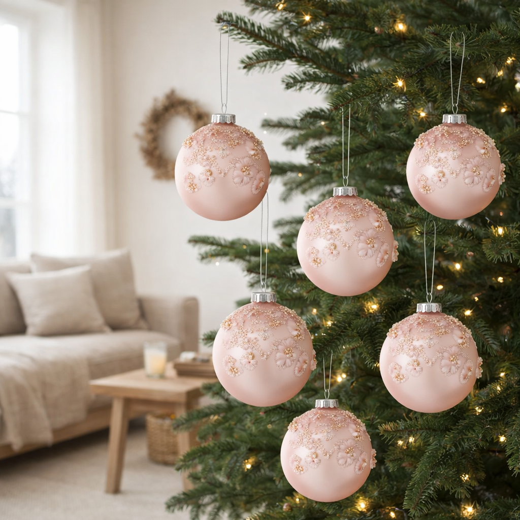 J-Line Boule de Noël Fleurs - verre - rose clair mat - petite - boîte de 6 en situation