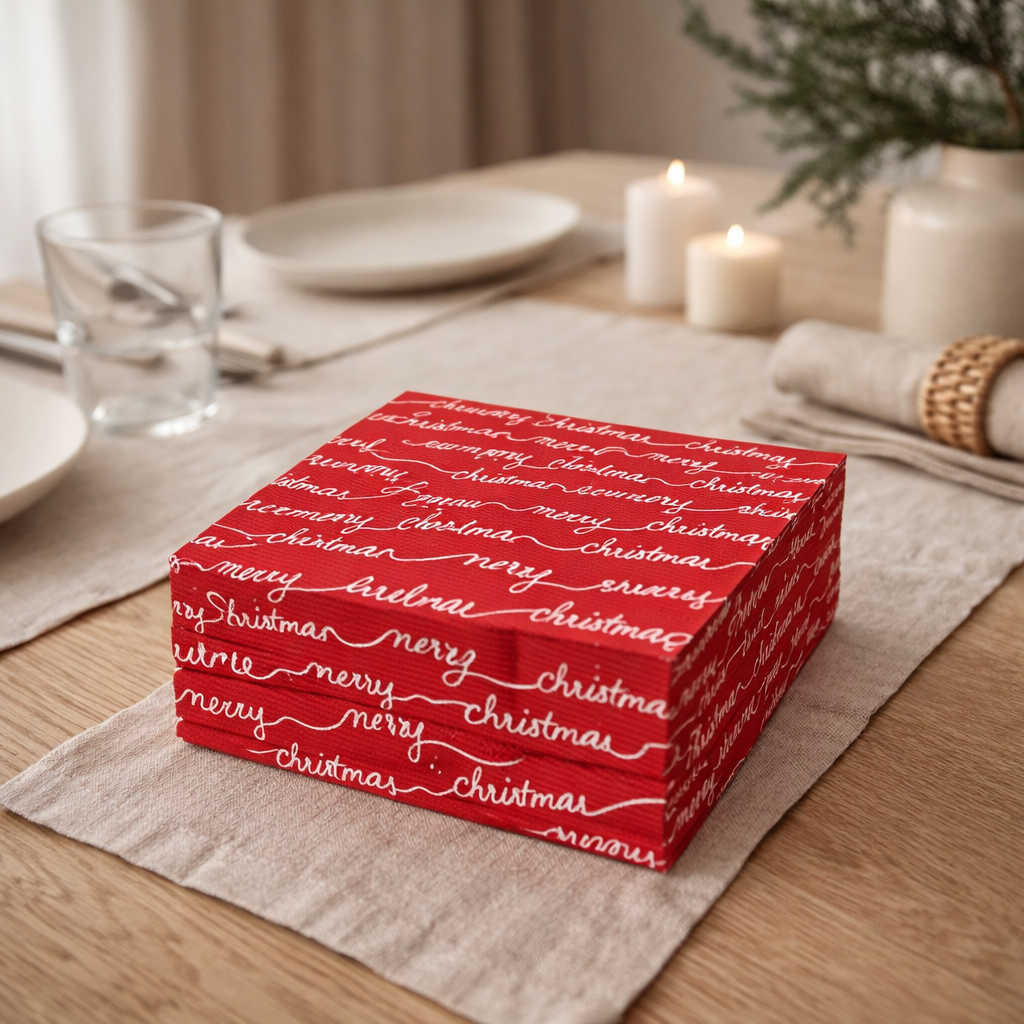 J-Line Lot de 20 Serviettes Merry Christmas Papier Rouge/Blanc Large en situation
