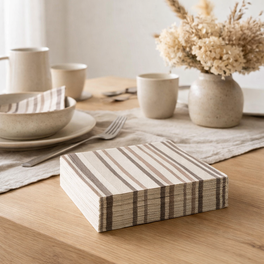 J-Line Pack 20 Serviettes Stripes Papier Taupe/Marron Large en situation
