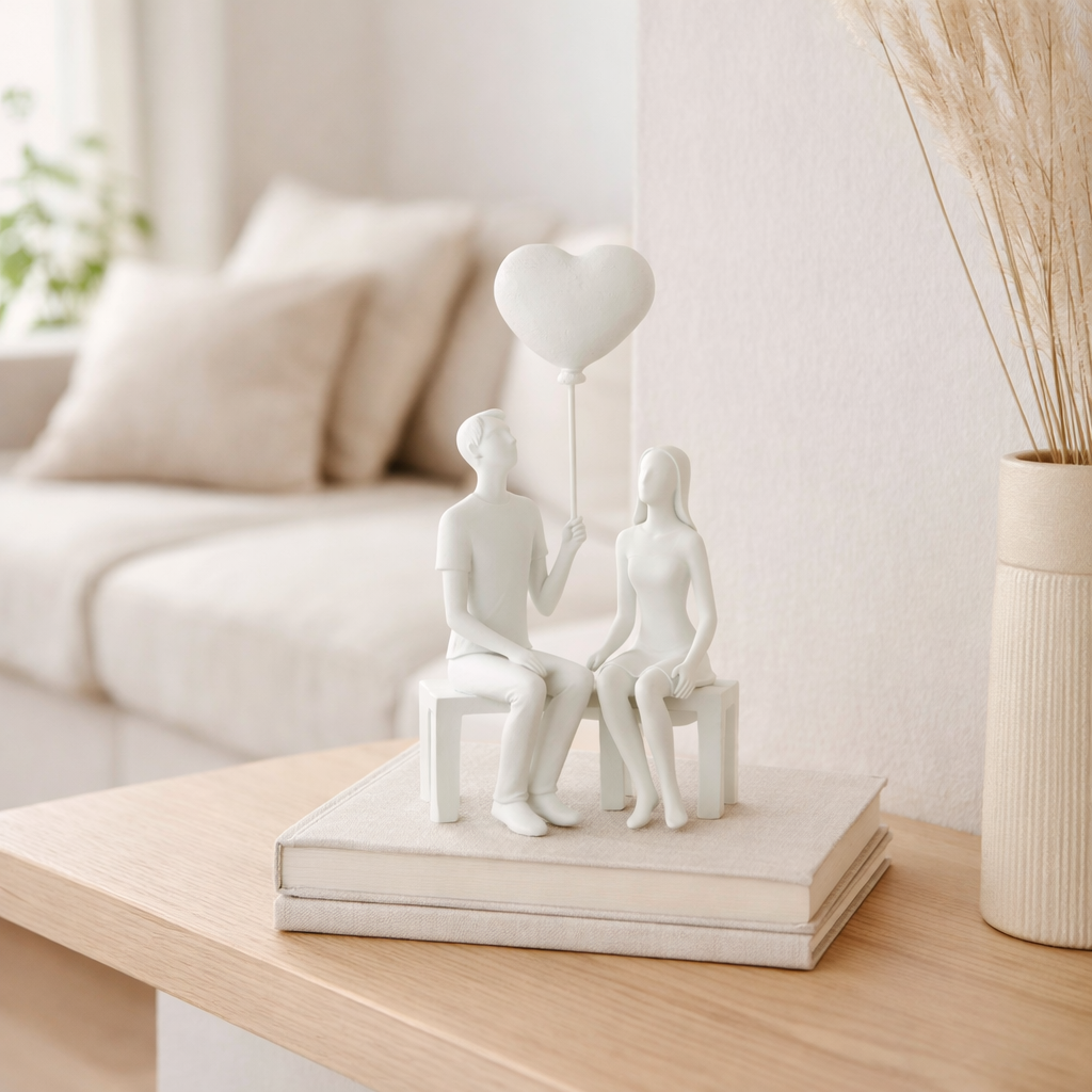 Figurine J-Line Couple Assis Ballon Coeur - polyrésine - blanc en situation